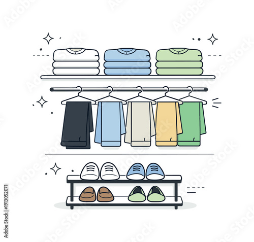 Organizing a closet by categories (shirts, pants, shoes). A clean editorial view of shelves with folded shirts, hanging pants, and shoes