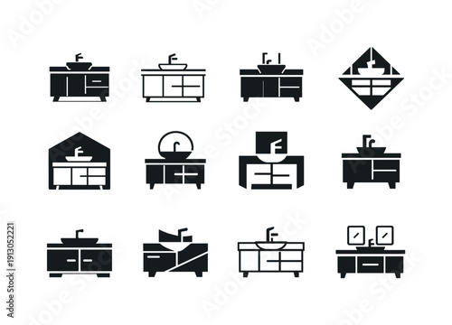 A modern bathroom vanity with sleek storage solutions. Icon set. Set Logo of modern bathroom vanity with sleek storage solutions: vanity with