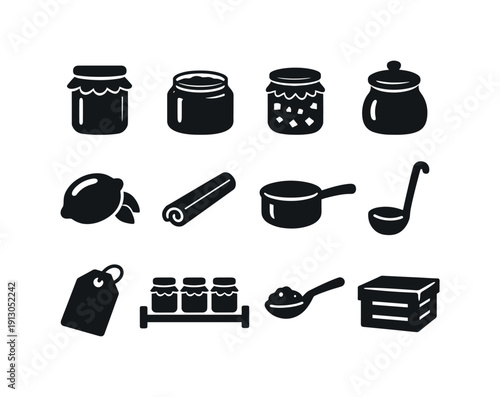    Rhubarb preserves. Solid icon set of Rhubarb preserves: jam jar sealed, open jam jar, rhubarb chutney, sugar jar, lemon, spice cinnamon