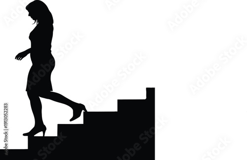 A woman walking up a staircase in a black silhouette against a white background conveying a sense of ascension and progression in a simple yet powerful visual representation