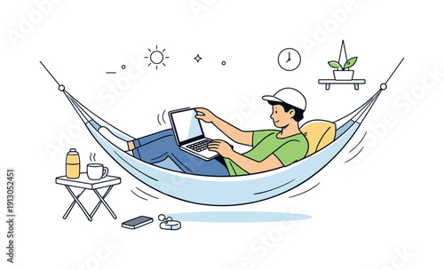   Laptop work in hammock setups. A focused worker adjusting screen angle while resting in a hammock, gentle motion lines showing balance.