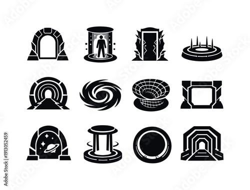    Sci-fi portals. Solid icon set of Sci-fi portals: sci-fi gateway, holographic portal, energy field door, teleport ring, futuristic tunnel,