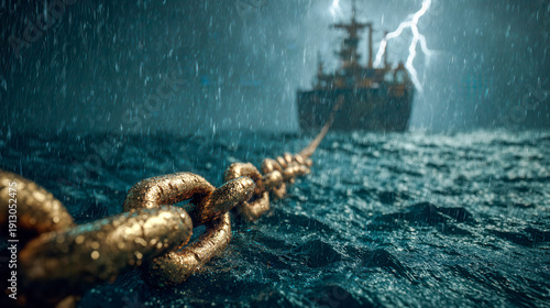 Massive metal chain stretches across turbulent ocean waters toward a distant ship struck by lightning, capturing the raw power of a storm and the dramatic tension between strength and nature