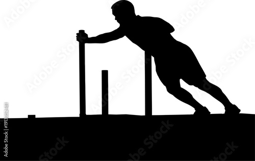 A silhouette of a person playing cricket in a dynamic stance with a bat and wickets