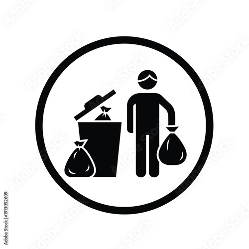 Vector illustration icon person disposing waste into trash can with bags