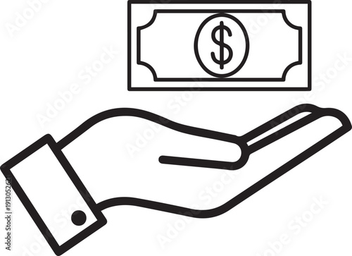Minimalist line icon of a human hand catching or receiving a dollar banknote for finance concepts