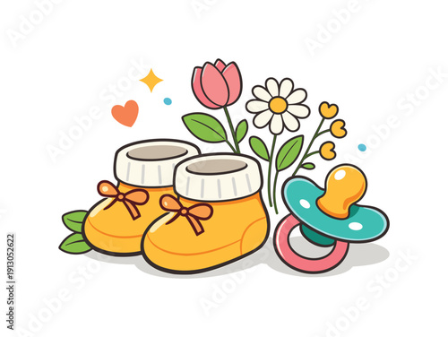   Spring baby photos showing baby accessories like booties and a pacifier paired with blooming flowers as a gentle seasonal metaphor. The mood