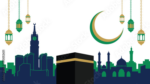 Stylized Mecca Skyline with Kaaba Clock Tower and Green Mosque Silhouette