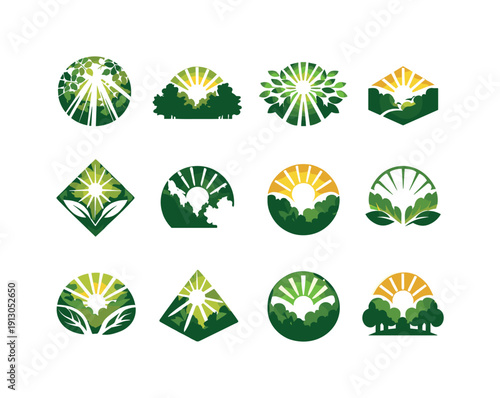 Forest canopy. Icon set. Set Logo of Forest canopy: sunlight filtering through leaves. harmonious logo variations of the same emblematic