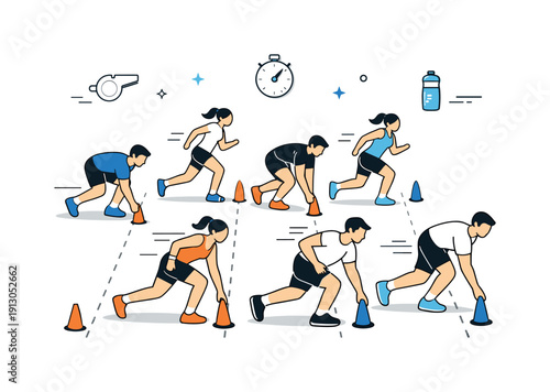    Shuttle run drills. Group training scene with multiple athletes running in lanes, staggered starts and clear spacing. Team conditioning and