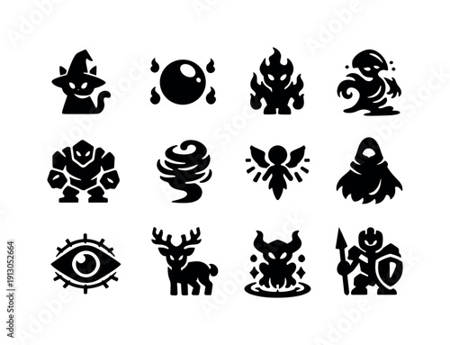 Mythical creatures. Solid icon set of magical beings: wizard familiar, spirit orb, elemental fire being, water elemental, earth elemental,