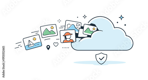 Cloud Backup Harmony. Cloud photo storage concept.   thumbnails gently moving into a cloud icon, symbolizing backup, safety, and peace of mind. Minimalist