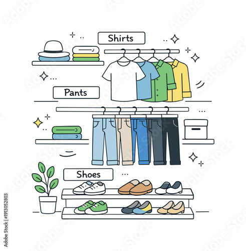 Organizing a closet by categories (shirts, pants, shoes). A tidy closet scene with clothes neatly grouped on shelves and hangers, clearly