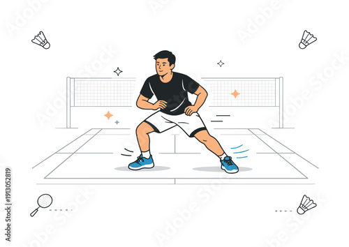 Badminton footwork practice. Indoor court scene with an athlete performing quick side steps, focused posture and light movement, court lines