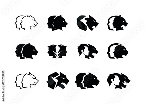 Beast Transformation Icons. Beastly transformations. Icon set. Set Logo of Beastly transformations: human to beast silhouette transition. harmonious logo