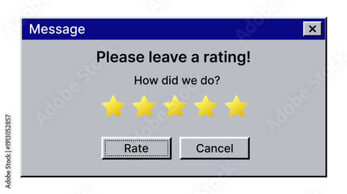 Rating popup notification user interface. Customer feedback rating dialog window. Review request popup message system interface.