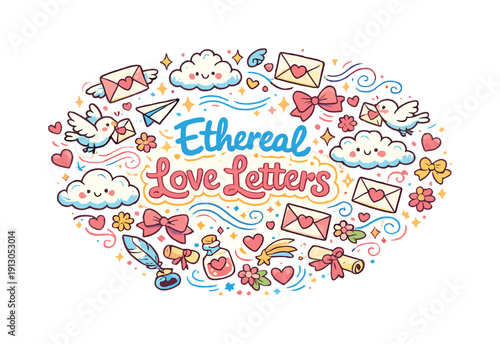   Ethereal Love Letters. Hand-drawn doodle illustration of Ethereal Love Letters. Floating