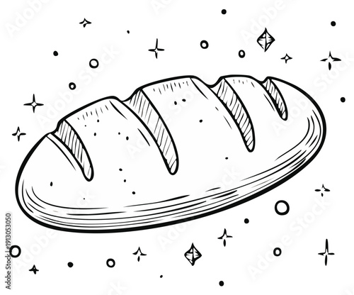 Hand-drawn crusty bread loaf with sparkling stars and dots illustration