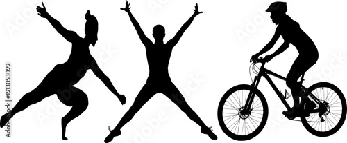 Silhouettes of people engaging in various physical activities such as dancing and cycling in a joyful and dynamic outdoor setting with energetic movements