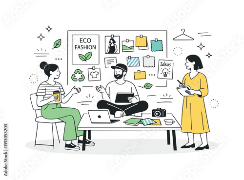 Sustainable Fashion Strategy. Editorial fashion shoot with eco values. A small creative team discussing concepts around sustainable fashion photography, mood