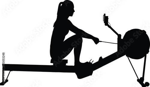 A woman exercising on a rowing machine in a gym or fitness studio with a solid white background and black silhouette