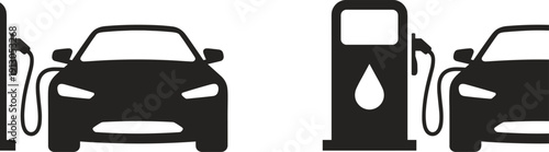 Electric car charging and gasoline vehicle refueling icon set, automotive energy illustration, vector artwork, editable, isolated transportation technology graphic