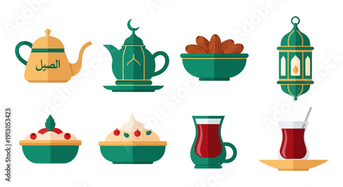 Ramadan Kareem Flat Icon Set with Arabic Teapot, Lantern, Dates, and Iftar Traditional Food for Eid Celebration