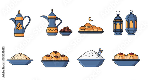 Ramadan Kareem and Iftar Food Collection Vector Illustration with Arabic Coffee Pot, Dates, Traditional Sweets, Baklava, and Islamic Lanterns