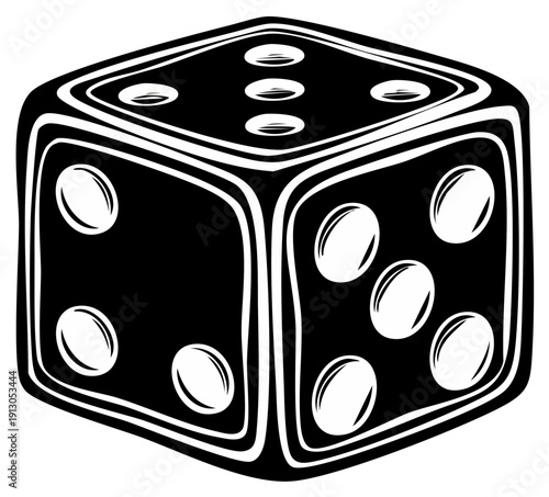 Black and White Stylized Dice with Three Visible Sides and Pips