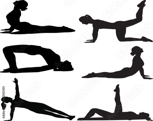 A set of six black silhouettes of a woman performing various yoga poses on a white background for health and wellness