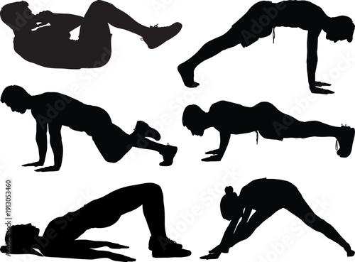 A series of six black silhouettes depicting various yoga or exercise poses for strength and flexibility on a white background