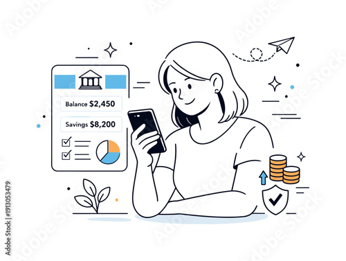 Mobile banking and financial empowerment. Person confidently using a smartphone banking app, checking balance and savings, calm sense of