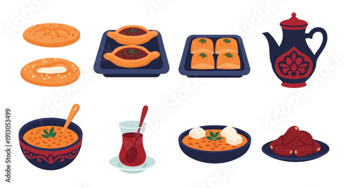 Ramadan Iftar Food Collection with Turkish Tea, Baklava, Dates, Middle Eastern Soup and Pastries