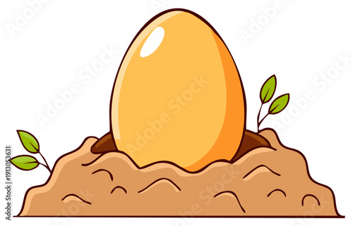 Large golden egg resting in a brown soil mound with vibrant green leaves