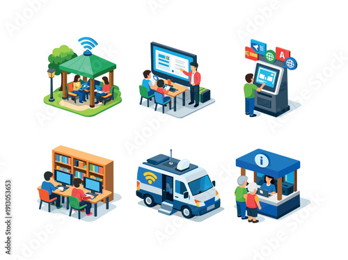 Tech Inclusion Icons. Community tech inclusion. Isometric flat vector icons set of community tech inclusion: free Wi-Fi hub in park, public tech education