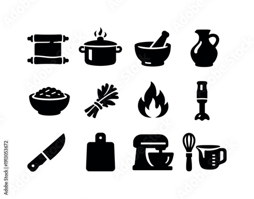   Recreating historical ancient recipes with modern ingredients. Filled icon set of Recreating