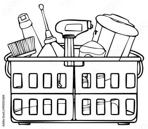 Cleaning supplies assortment in a caddy including spray bottle brush and mop illustration