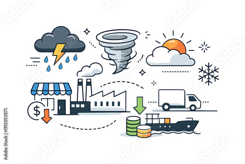 Severe weather and its impact on local economies. Abstract composition of weather icons interacting with shop, factory, and transport