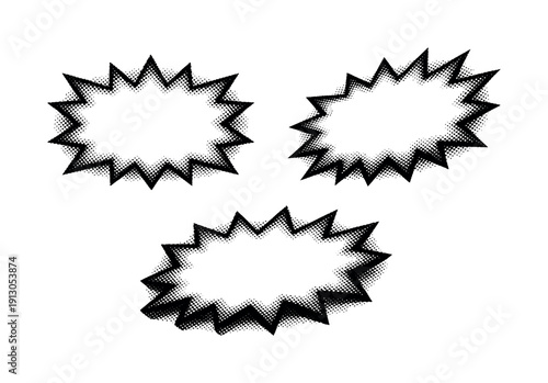 Halftone starburst text frame A starburst form designed with an open interior text area shown in straight-on view, rotated view,