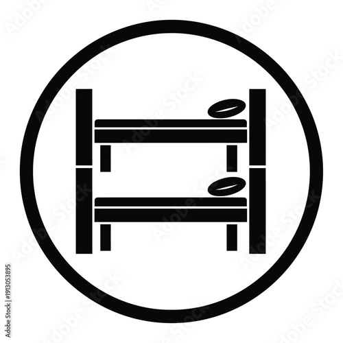 Vector illustration icon simple black and white icon of a bunk bed with two rugby balls inside
