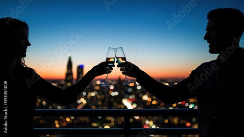 Couple Toasting with Glasses at Sunset Over City Skyline Romantic Evening Celebration