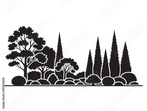 Gorgeous garden landscape trees with beautiful botanical line art