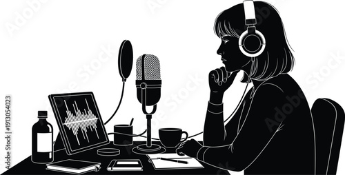 Woman wearing headphones sitting at desk with microphone and computer