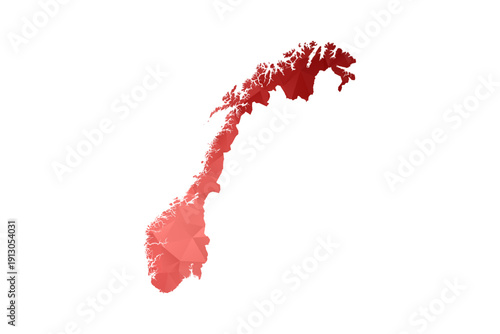 Norway Map - Polygon Style Vector Illustration in Red Gradient, Low Poly Geometric Design, Isolated on White Background, Perfect for Infographics, Reports, and Educational Materials.