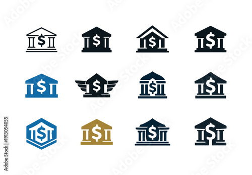   Monetary policy. Icon set. Set Logo of Monetary policy: central bank building. harmonious logo variations of the same emblematic concept,