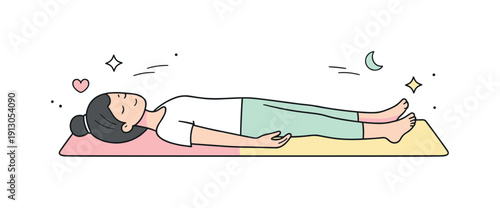    Yoga mat pastel relaxation. A character lying on a pastel yoga mat in savasana pose, eyes closed and fully relaxed. The mood is calm,