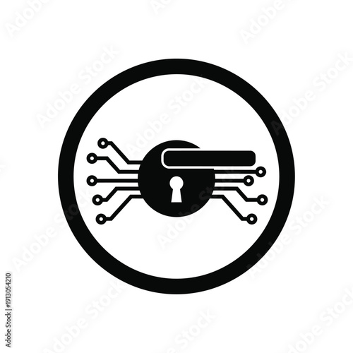 Vector illustration icon black and white icon of a key surrounded by circuit lines in a circle