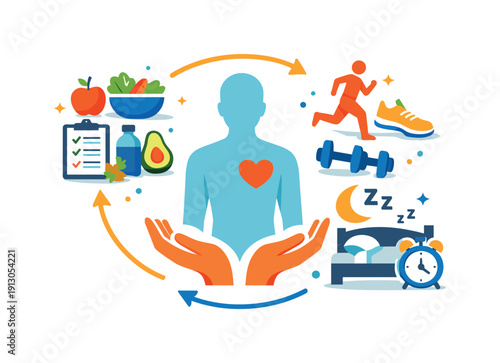 Personalized health and wellness solutions illustrated through a central human silhouette surrounded by tailored icons for nutrition,
