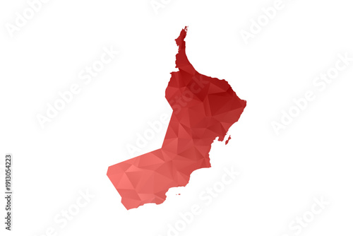 Oman Map - Polygon Style Vector Illustration in Red Gradient, Low Poly Geometric Design, Isolated on White Background, Perfect for Infographics, Reports, and Educational Materials.