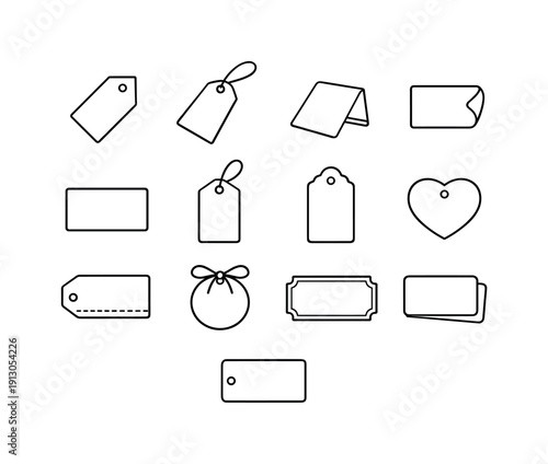   Gift tags and labels. Line outline icon set of Gift tags and labels: blank gift tag, string